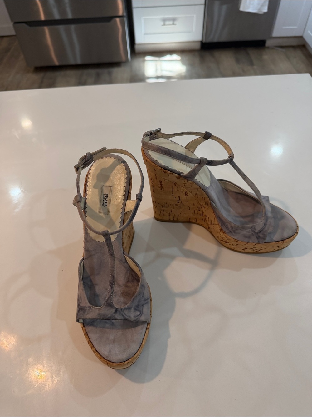 Prada Light Gray Suede Cork Platform Wedge Sandals